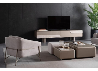 Modern beige sofa with armchair and TV furniture piece
