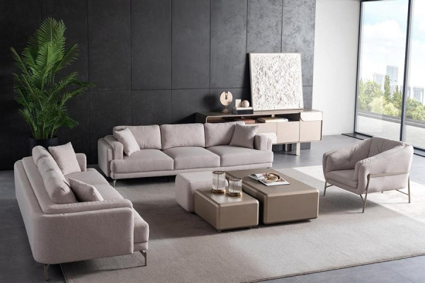 Beige fabric living room set with modern sofa and armchair
