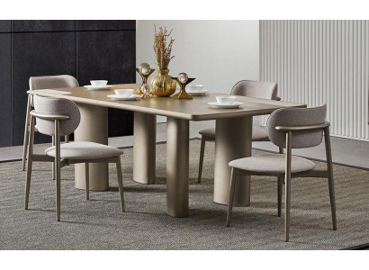 Elegant beige dining table with wooden legs and 4 fabric chairs