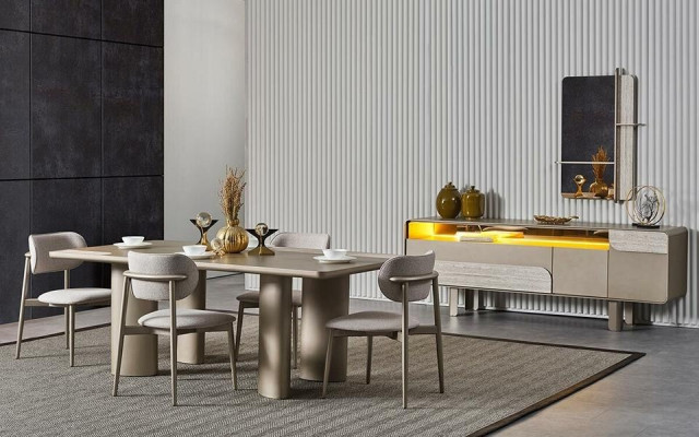 Elegant beige wooden dining set with chairs and console