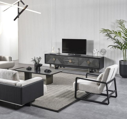 Modern furniture for living room in brown fabric and armchair