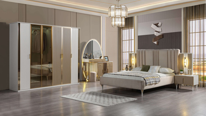 Modern bed set with 6 pieces including nightstand