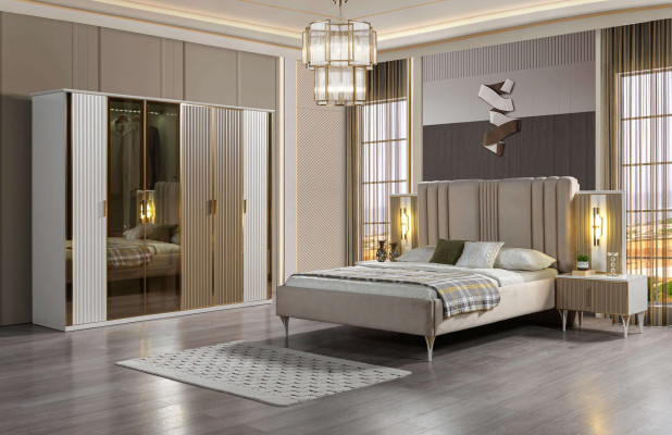 Bedroom furniture set with bed, 2 nightstands, and modern wardrobe, 4 pieces