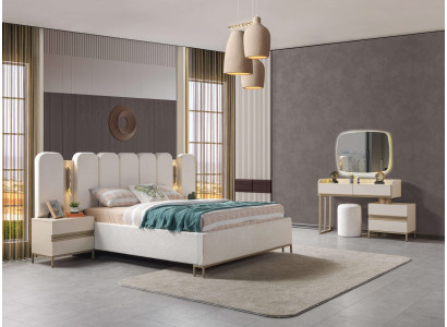 Perfect bedroom furniture set, which includes a chest of drawers, a mirror, a bed, and nightstands