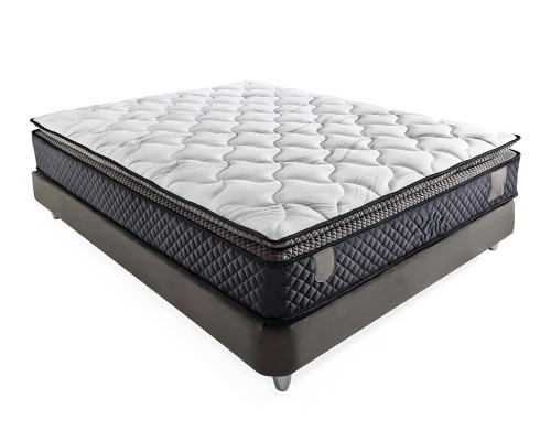 Modern gray bed made of fabric and wood with mattress