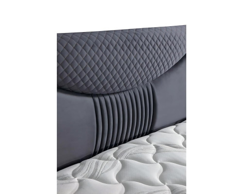 Modern gray bed made of fabric and wood with mattress