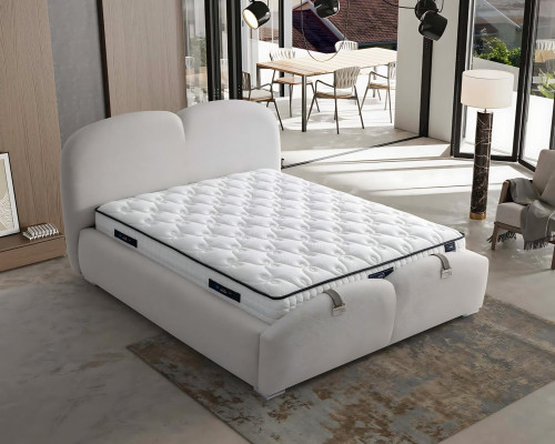 Modern white bed with fabric and wooden mattress