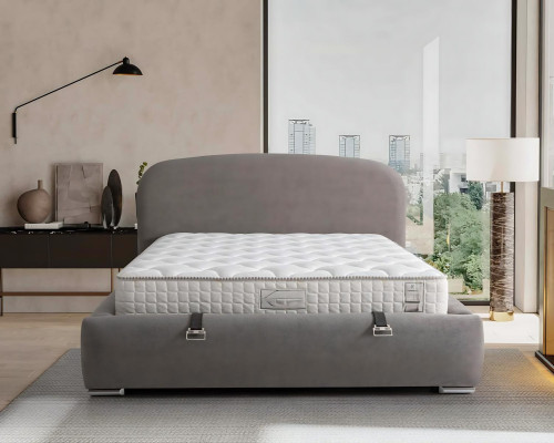 Elegant gray bed made of fabric and wood with mattress