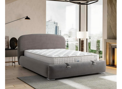 Elegant gray bed made of fabric and wood with mattress