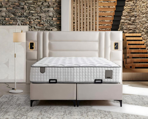 Elegant white bed with fabric and wooden mattress