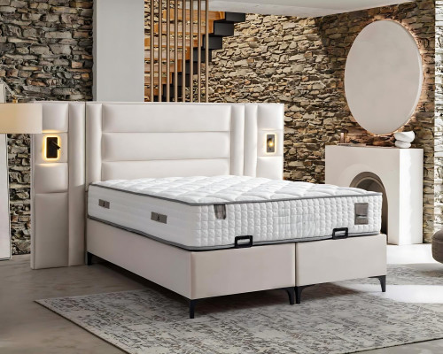 Elegant white bed with fabric and wooden mattress