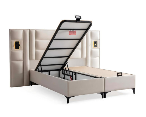Elegant white bed with fabric and wooden mattress