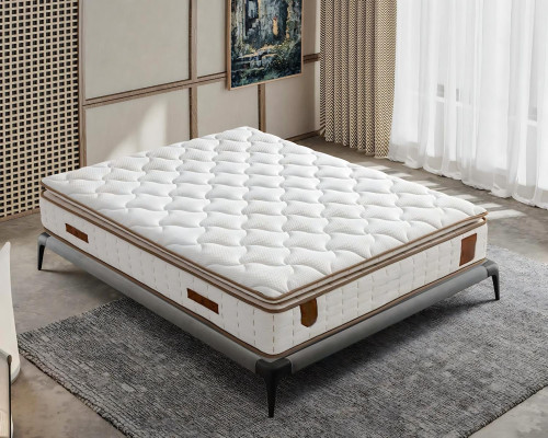 Gray bed with fabric and wooden mattress, modern design