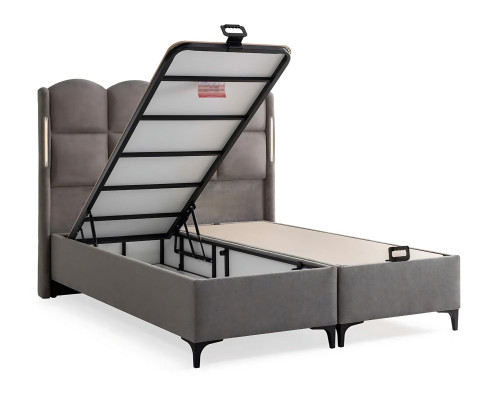 Gray bed with fabric and wooden mattress, modern design