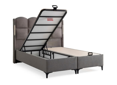 Gray bed with fabric and wooden mattress, modern design