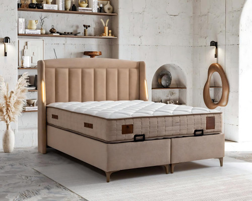 Elegant wooden bed with fabric and wooden mattress