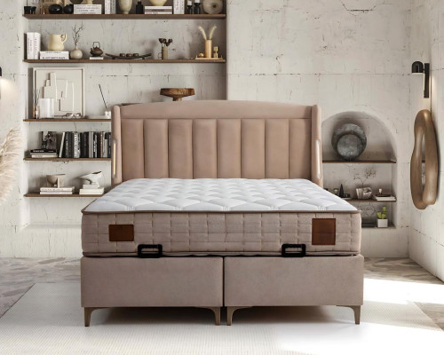 Elegant wooden bed with fabric and wooden mattress