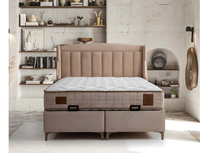 Elegant wooden bed with fabric and wooden mattress