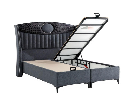Elegant gray bed made of fabric and wood with mattress
