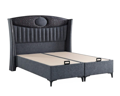 Elegant gray bed made of fabric and wood with mattress