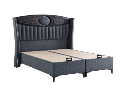 Elegant gray bed made of fabric and wood with mattress