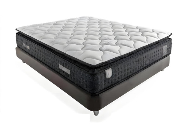 Elegant gray bed made of fabric and wood with mattress