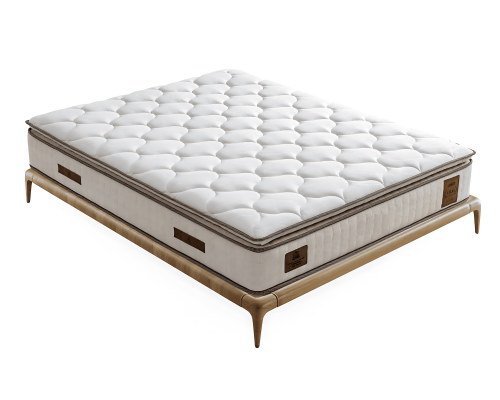 Elegant bed with beige fabric mattress