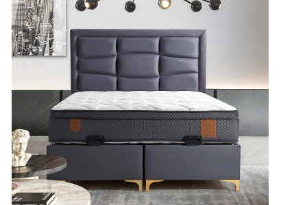 Modern gray bed made of fabric and wood with mattress