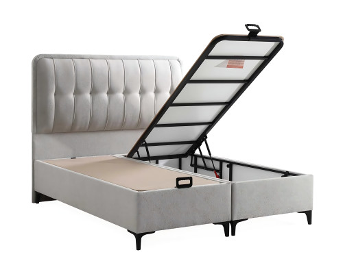 Modern white bed made of fabric and wood with mattress