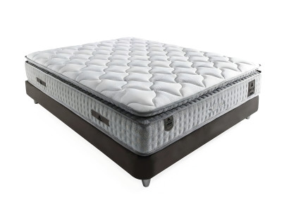 Modern white bed made of fabric and wood with mattress