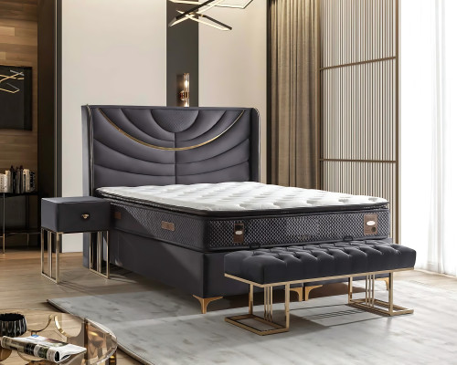 Elegant gray bed with fabric and wooden mattress