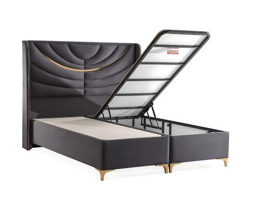 Elegant gray bed with fabric and wooden mattress