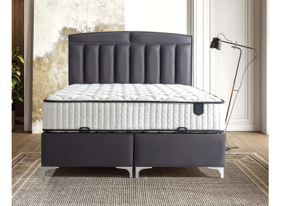 Modern gray bed made of fabric and wood with mattress