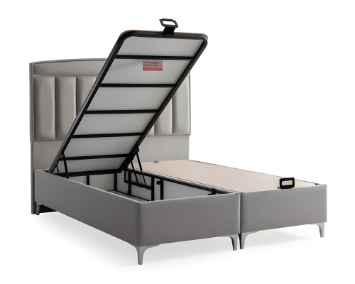 Modern gray bed made of fabric and wood with mattress