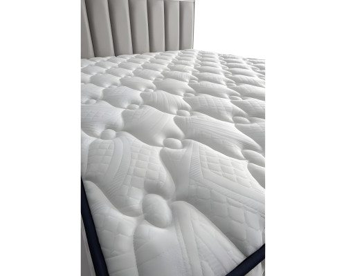 Modern gray bed made of fabric and wood with mattress