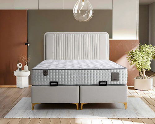 Elegant bed made of light beige fabric and wood