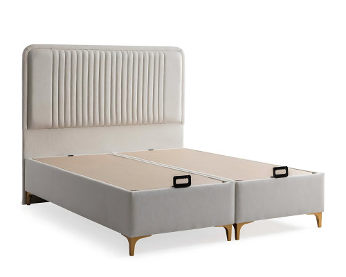 Elegant bed made of light beige fabric and wood