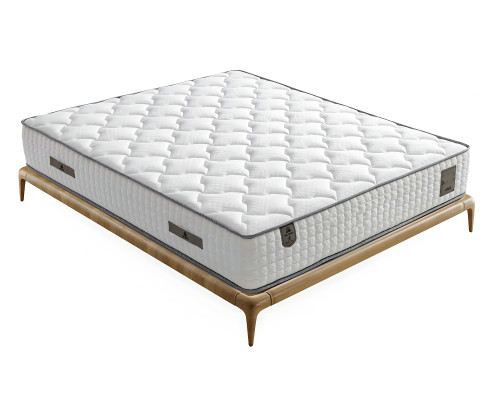 Elegant bed made of light beige fabric and wood