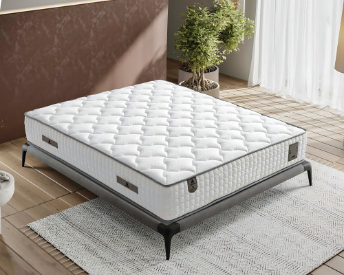 Elegant gray bed made of fabric and wood with mattress