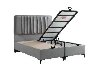 Elegant gray bed made of fabric and wood with mattress