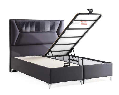 Elegant gray bed with fabric and wooden mattress
