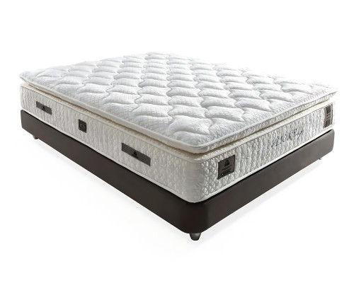Elegant gray bed with fabric and wooden mattress