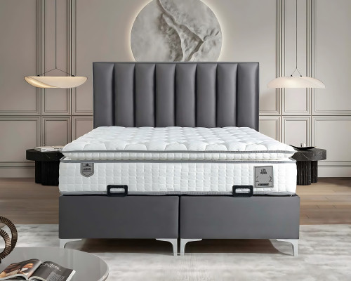 Elegant gray bed with fabric and wood mattress