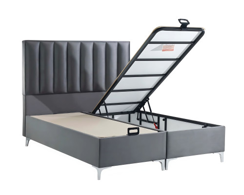Elegant gray bed with fabric and wood mattress