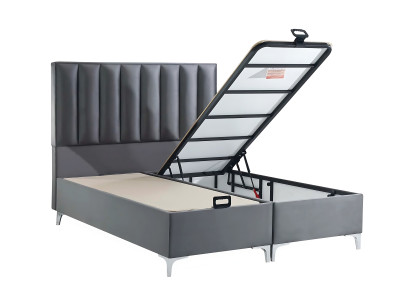 Elegant gray bed with fabric and wood mattress