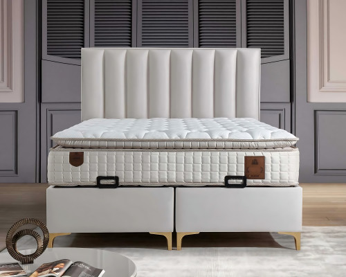 Elegant bed with beige fabric pillow