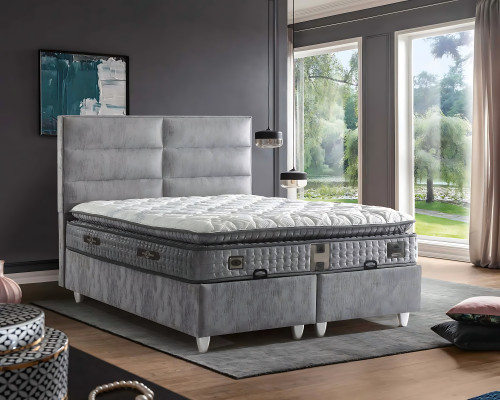 Modern gray fabric bed with mattress