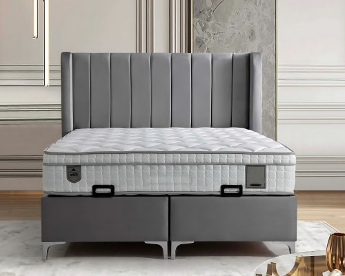 Elegant gray bed made of fabric and wood with mattress