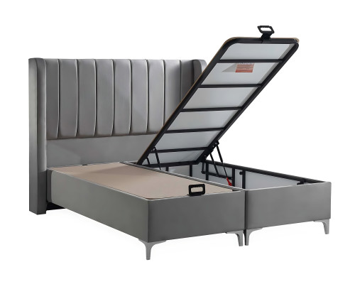 Elegant gray bed made of fabric and wood with mattress