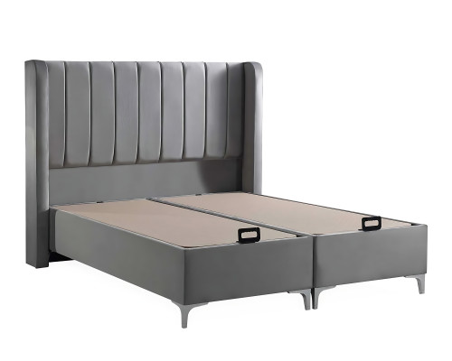 Elegant gray bed made of fabric and wood with mattress